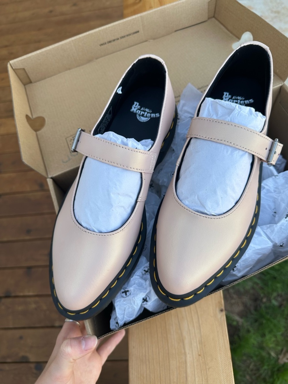 Dr. Martens Pale Pink Mary Jane Flats with Yellow Stitching - Picture 2 of 8